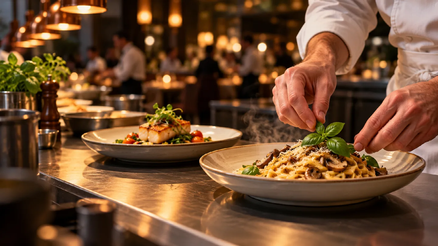 AI illustration of a chef’s hands finishing a pasta dish in a warmly lit kitchen.