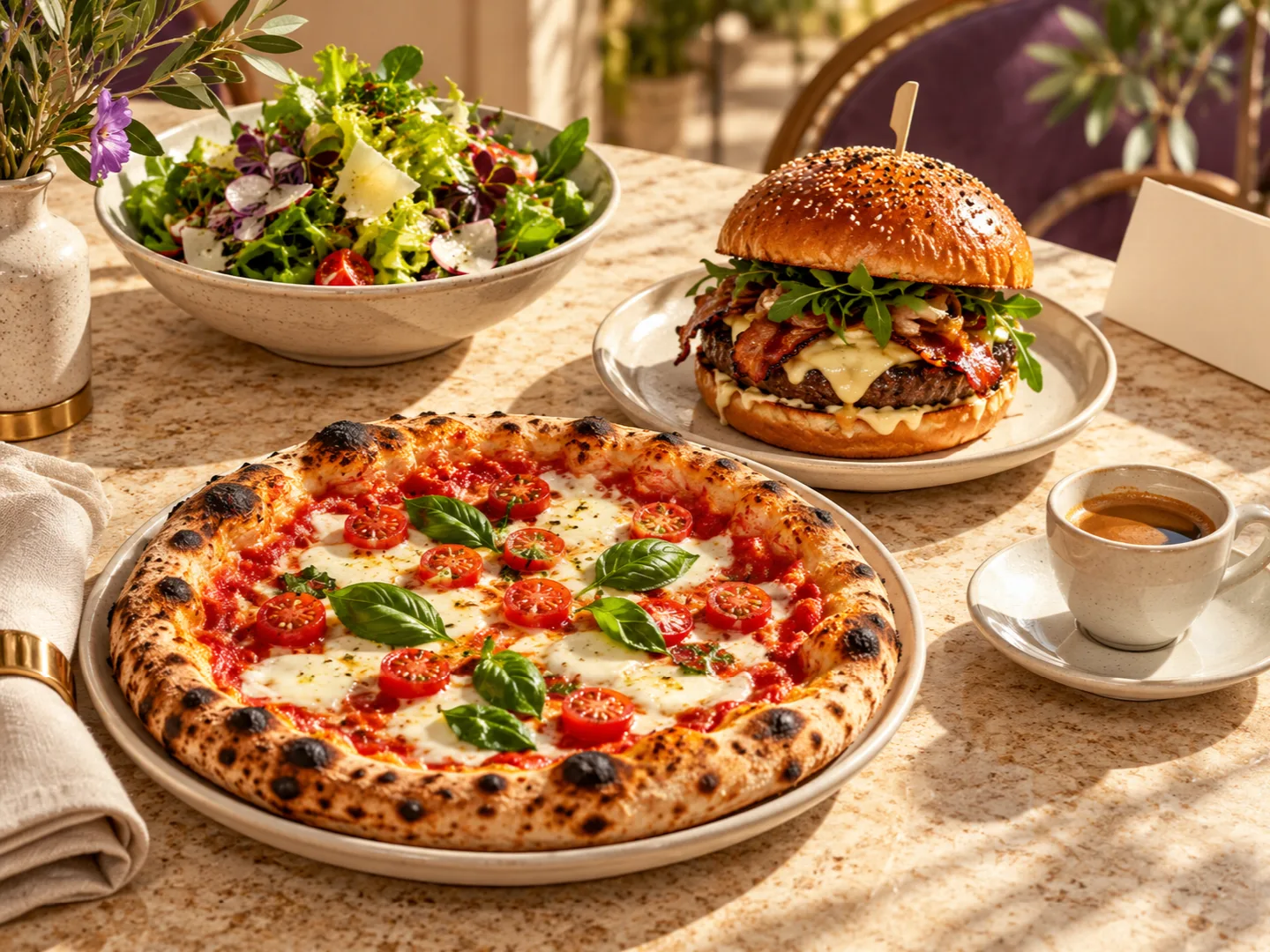 AI illustration of pizza, a burger, salad and espresso on a restaurant table.